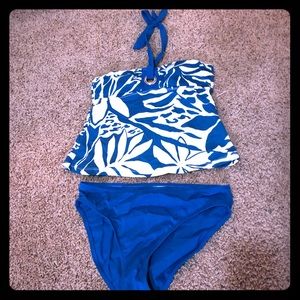 Teal and Cream Halter Tankini Swimsuit